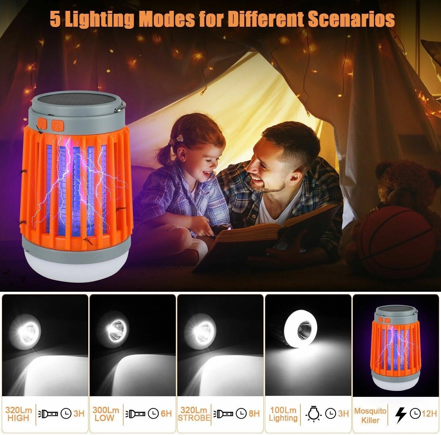 Powerful Portable Solar USB Mosquito Killer Lamp, Lanterns Solar Power USB Rechargeable, LED Flashlight, Outdoor Light for Camping