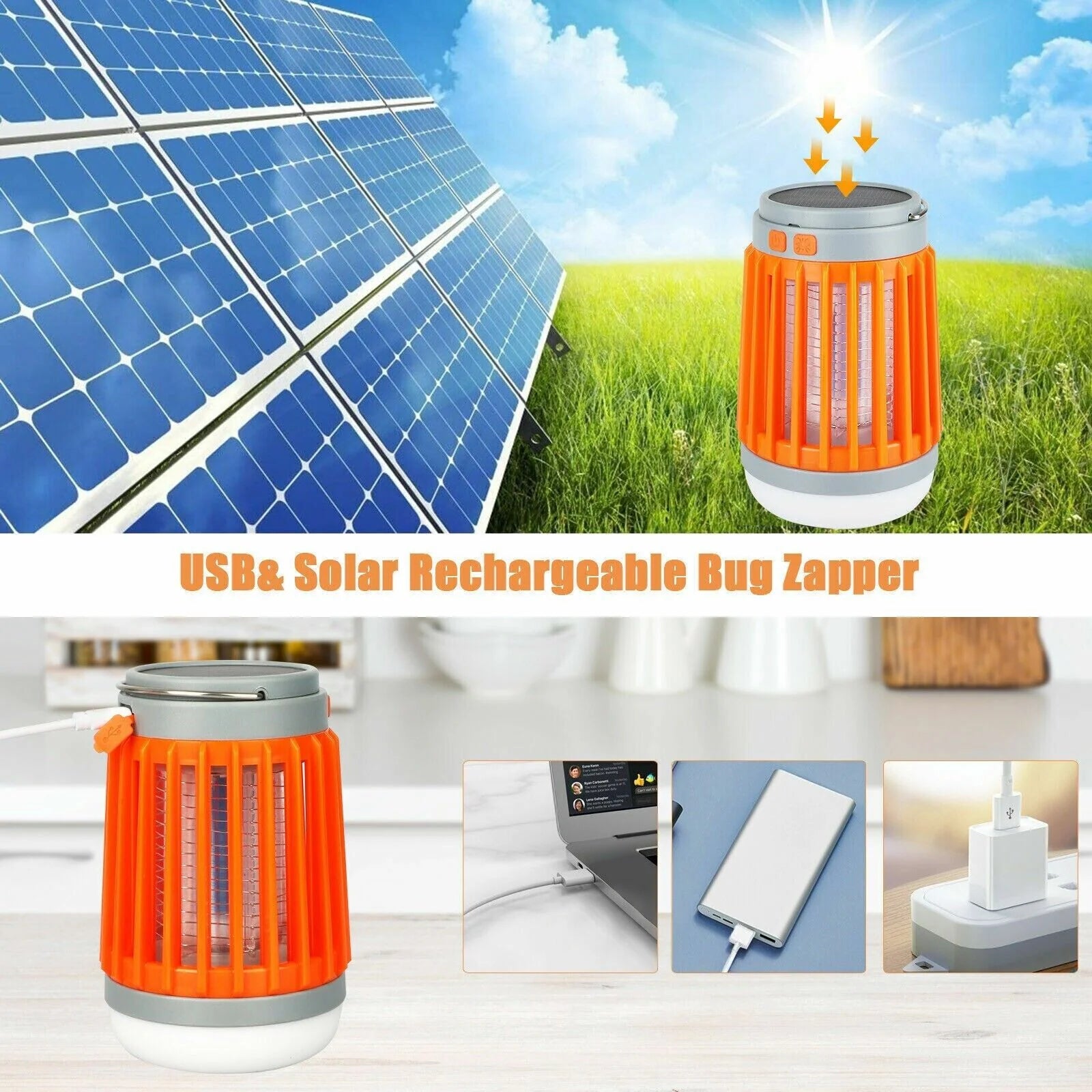 Powerful Portable Solar USB Mosquito Killer Lamp, Lanterns Solar Power USB Rechargeable, LED Flashlight, Outdoor Light for Camping